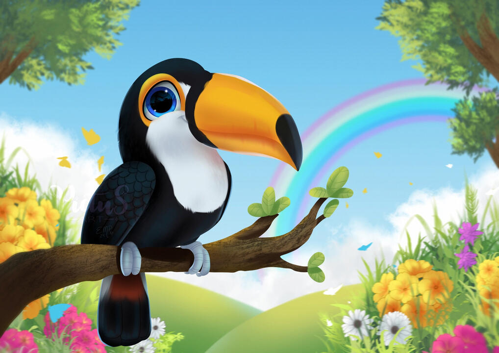 Illustration of a toco toucan hanging on a branch with a colorful background full of flowers and vegetation with a big rainbow in the sky