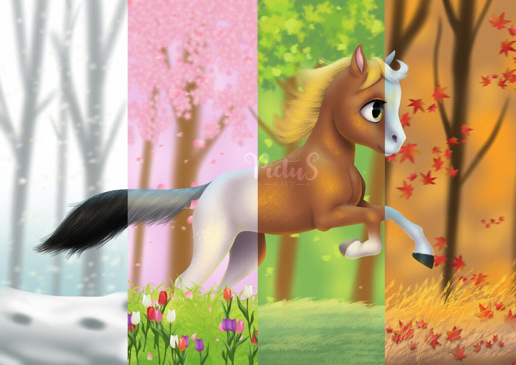 Illustration divided in 4 and each part is a different season in a forest and a horse is running and its color changes in every season