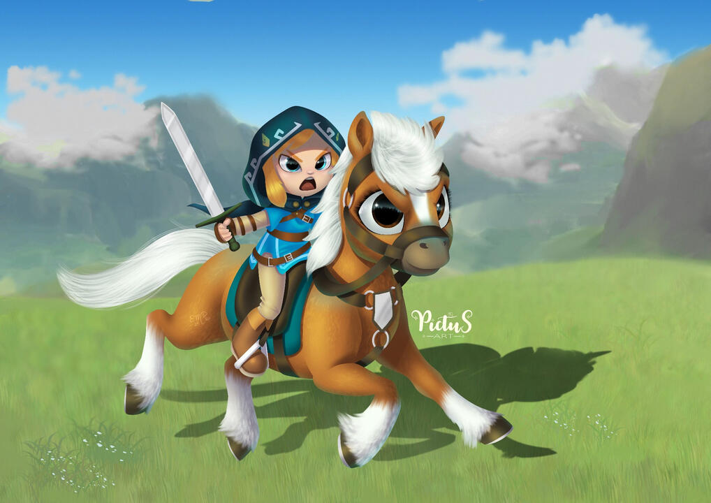 Illustration of Link and Epona from The Legend of Zelda and they are running on a green valley. Link is holding a sword ready to defend Hyrule
