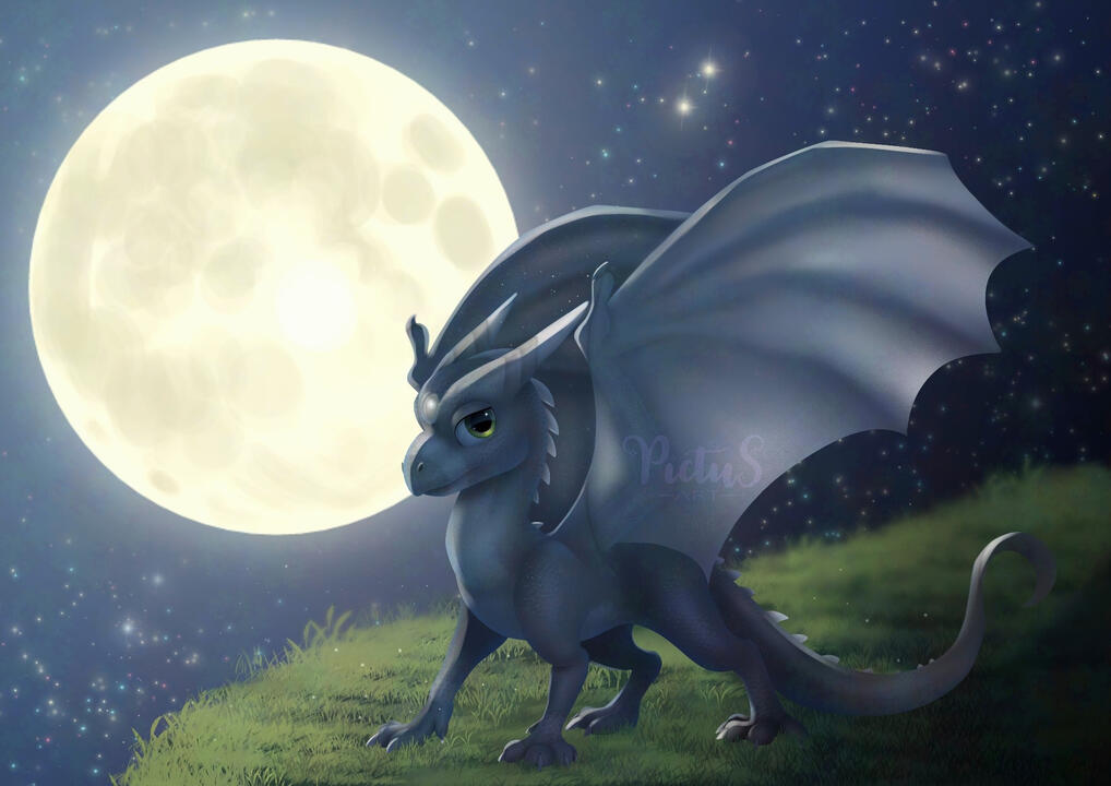 Illustration of a silver dragon standing with his wings open and a big full moon as a background