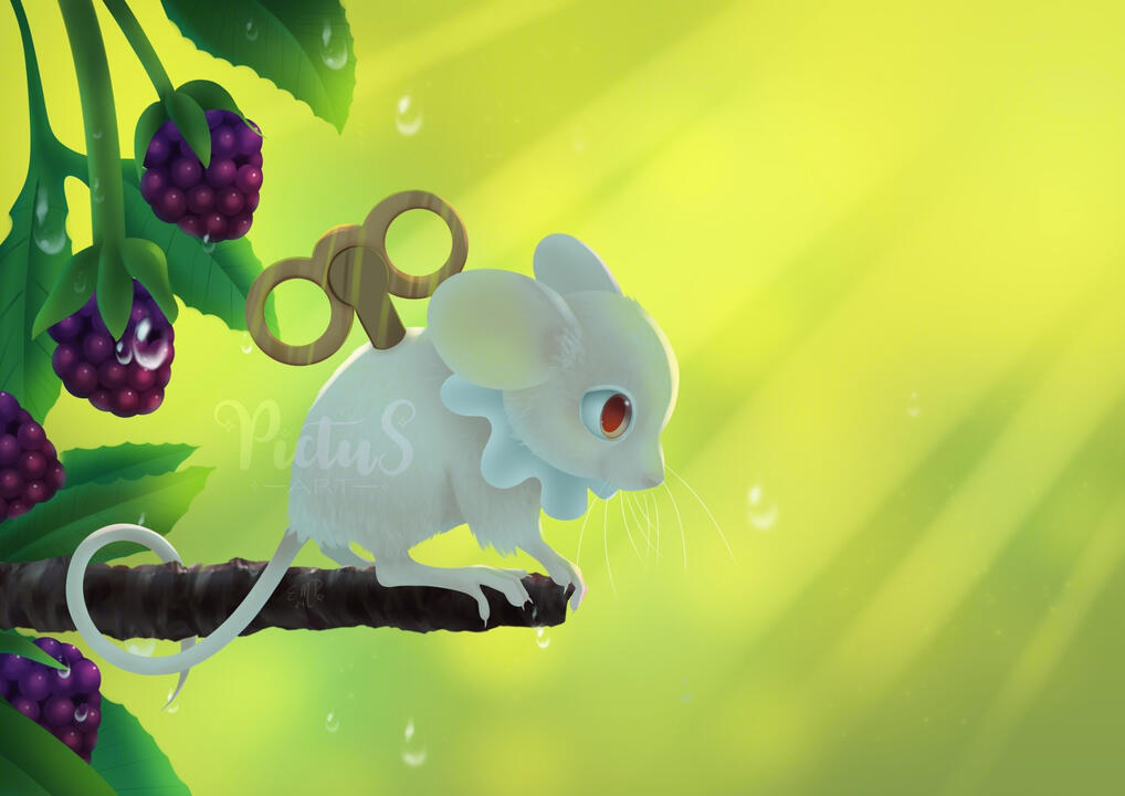 Illustration of a crackle mouse on a branch of a mulberry